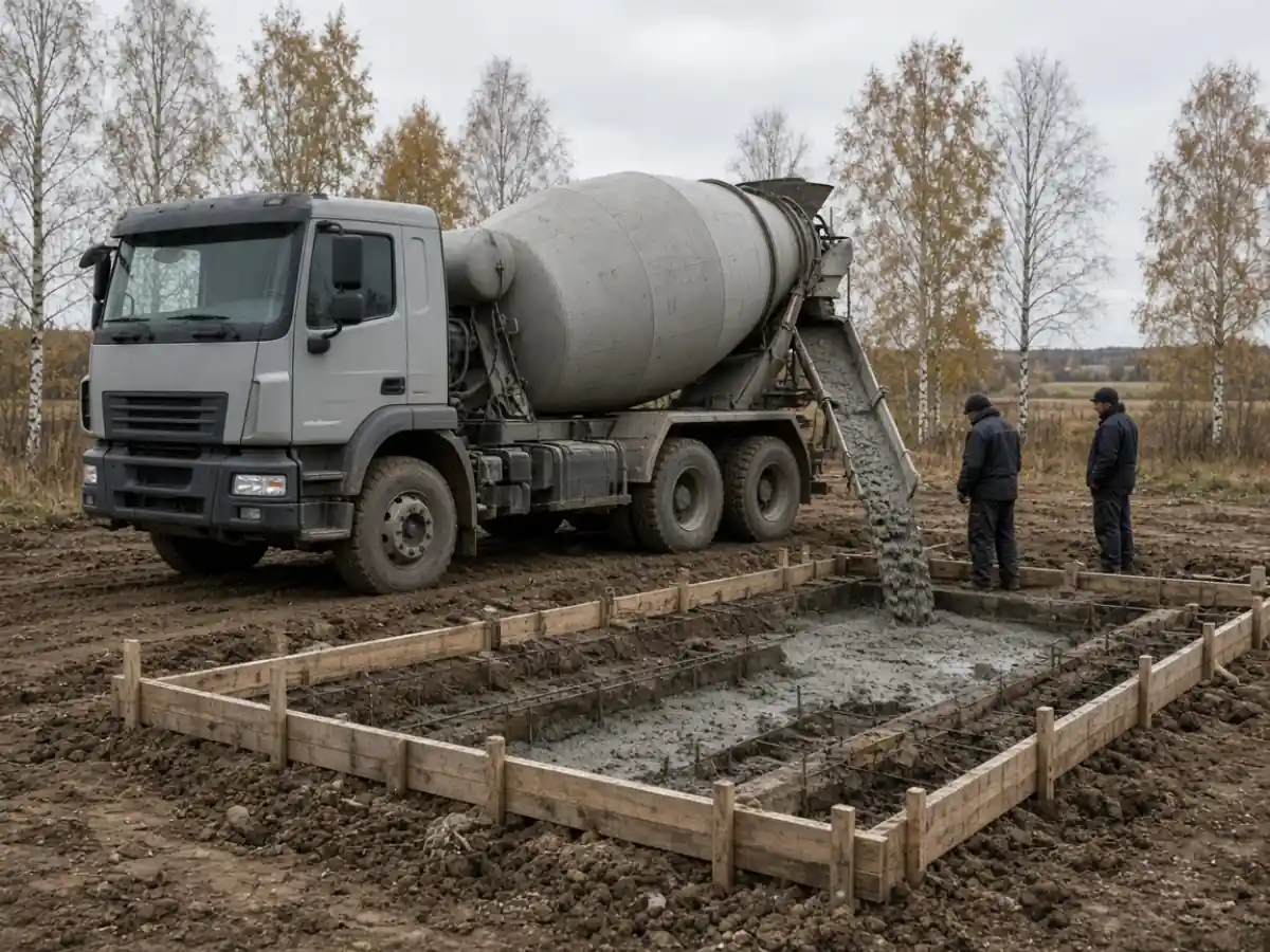 Миксер сливает бетон в опалубку ленты на участке в Полоцке